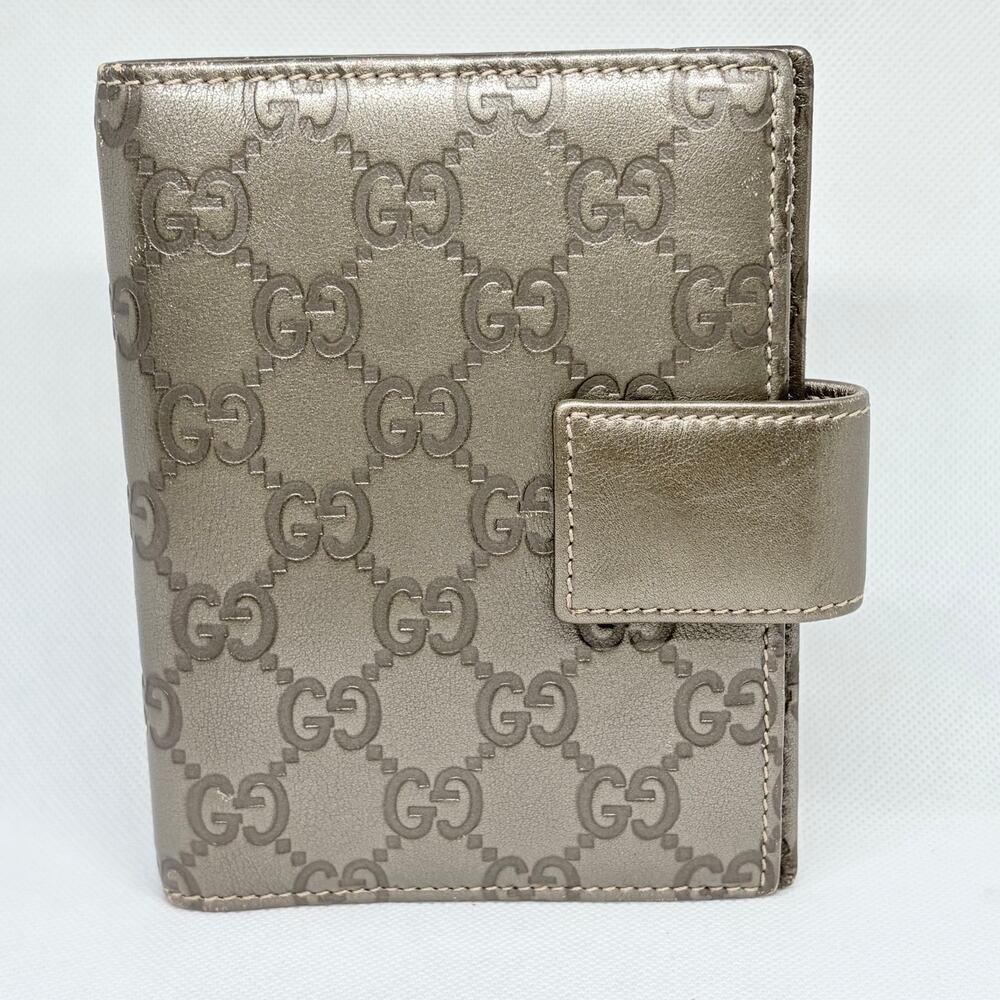 Authentic Gucci Guccissima Metallic Leather 6-Ring Agenda Planner Bronze Pewter